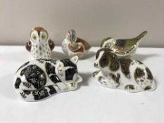 Five Royal Crown Derby paperweights including Owlet, Scruff, Duckling,