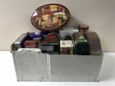 Two boxes of assorted 20th century tins