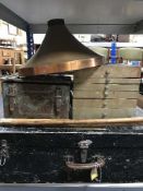 A metal trunk of metal coat hangers, metal six drawer chest, ammunition crate,