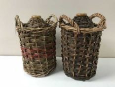 Two basket weave cider flagons together with a box containing assorted china, metal ware,
