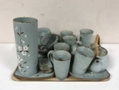 A tray of Japanese style pottery, teapot, coffee cups, bowls,