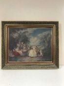 A framed print in ornate gilt frame depicting figures in 18th century dress