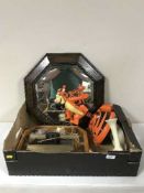 A box of Tiger telephone, cobblers last, oak framed mirror, mantel clock,