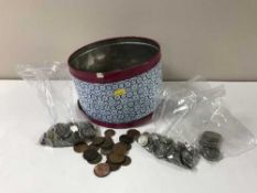 A tin containing a large quantity of British pre-decimal coinage etc,