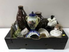 Three boxes containing assorted china and metal ware including tea sets,