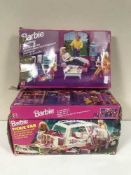 A boxed Barbie living room, boxed Barbie super market and picnic van, assorted doll accessories,