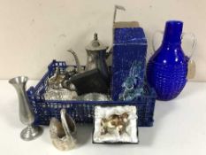 A Royal Selangor pewter vase, with stand and boxed, together with a twin-handled blue glass vase,