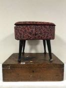 An antique pine box and a storage stool containing sewing items