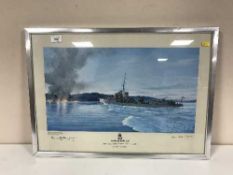A chrome framed print HMS Kelly approaching Namsos,