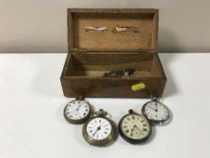 A wooden metal-bound money box containing four assorted pocket watches including a silver cased