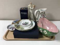 A tray containing Portmerion jug, Maling bowl, Regal figurine and dish,