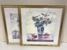 A pair of gilt framed Gordon King prints and a pair of limited edition prints entitled white roses