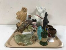 A tray containing pottery egg cups, John Bull toby jug,