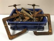 A pine joiner's tool box and tools together with a plastic crate of hand tools etc