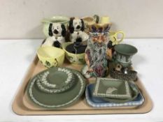 A tray of assorted china including Carlton Ware milk jug and sugar, Jasper ware dishes, toby jug,