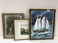 A framed oil on board - ship at sea by Stan Lowry and four other assorted pictures