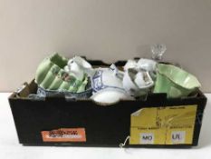 A box containing English blue and white meat plates and tureens, Clarice Cliff bowl,