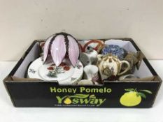 A box of assorted plates, commemorative ware, Sadler water jug,