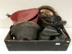 A box of metal ware including tin helmet, metal fire bucket, coal bucket,