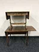 A walnut drop sofa table and a walnut drop end sewing table