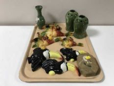 A tray of early 20th century vases, three Parkside flying ducks,