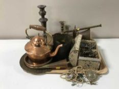 A copper hunting horn, copper kettle, box of costume jewellery, miniature brass teapot and goblets,