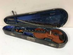 An English violin, with two bows, in an antique rosewood veneered case.