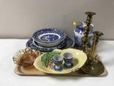 A tray of blue and white china, Spode lidded pot, Carlton ware dish,