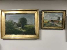 Two gilt framed oils on canvas - hens in farmyard