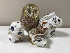 Four Royal Derby paperweights; Barn Owl, Squirrel,
