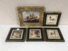 A metal framed etched glass mirror, un-framed mirror,