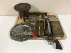 A tray of dressing table set, Coronation tins, caps guns, spirit level,