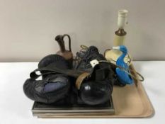 A tray containing a Red Army belt, two watercolours, pair of mid-20th century boxing gloves,
