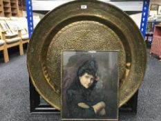 A large circular brass embossed wall plaque together with a framed Max Field Parish print -