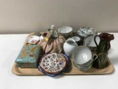 A tray of assorted oriental tea china, lidded box, china dolly top,