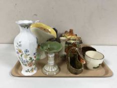 A tray of cottage ware teapot, a hand painted Myott vase, Aynsley vases,