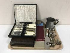 A tray of table cutlery and five metal tankards