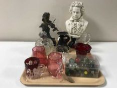 A tray of silver lidded scent bottle, two busts Handel & Beethoven, bronze sculpture of a violinist,