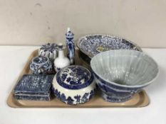 A tray of blue and white china in an oriental style including plates, jelly mould, trinket box etc,