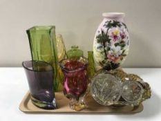 A tray containing 1970's glassware, antique painted glass vase,