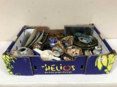 Two boxes of 70's Poole and J G Meakin dinner ware, delft wall plates,