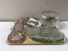 A tray of assorted glass ware - early 20th century light shade with drops,