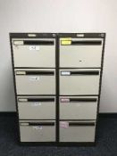 Two x four drawer metal filing chests with keys