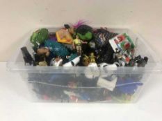 Three boxes of assorted action figures, micro machines, V-Tech lap top,