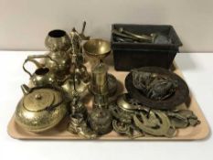 A tray of brass and copper ware - miniature miner's lamp, antique handles and coat hooks,