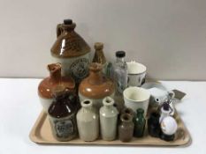 A tray of vintage flaggons and bottles, Sunderland lustre mug, commemorative mug,