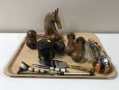 A tray containing plated sugar tongs, oriental lacquered lidded pot, wooden table lighter,