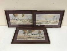 Three framed watercolours - figures in a rural landscape by Jonnie De Kock,