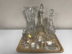 A tray of lead crystal, decanters, vase, French glass paperweight of a cat,