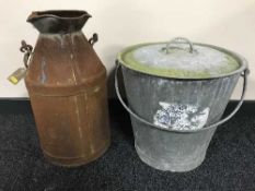 A galvanized metal bucket with lid and a milk churn